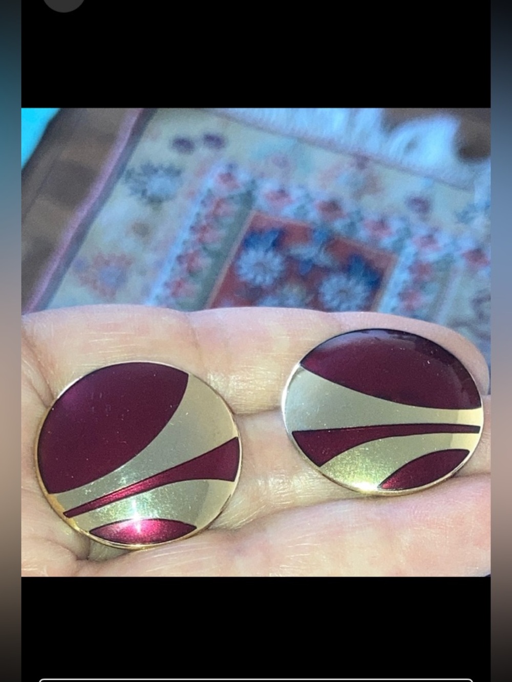 80s Laurel Burch earrings, burgundy enamel & gold tone metal, post back